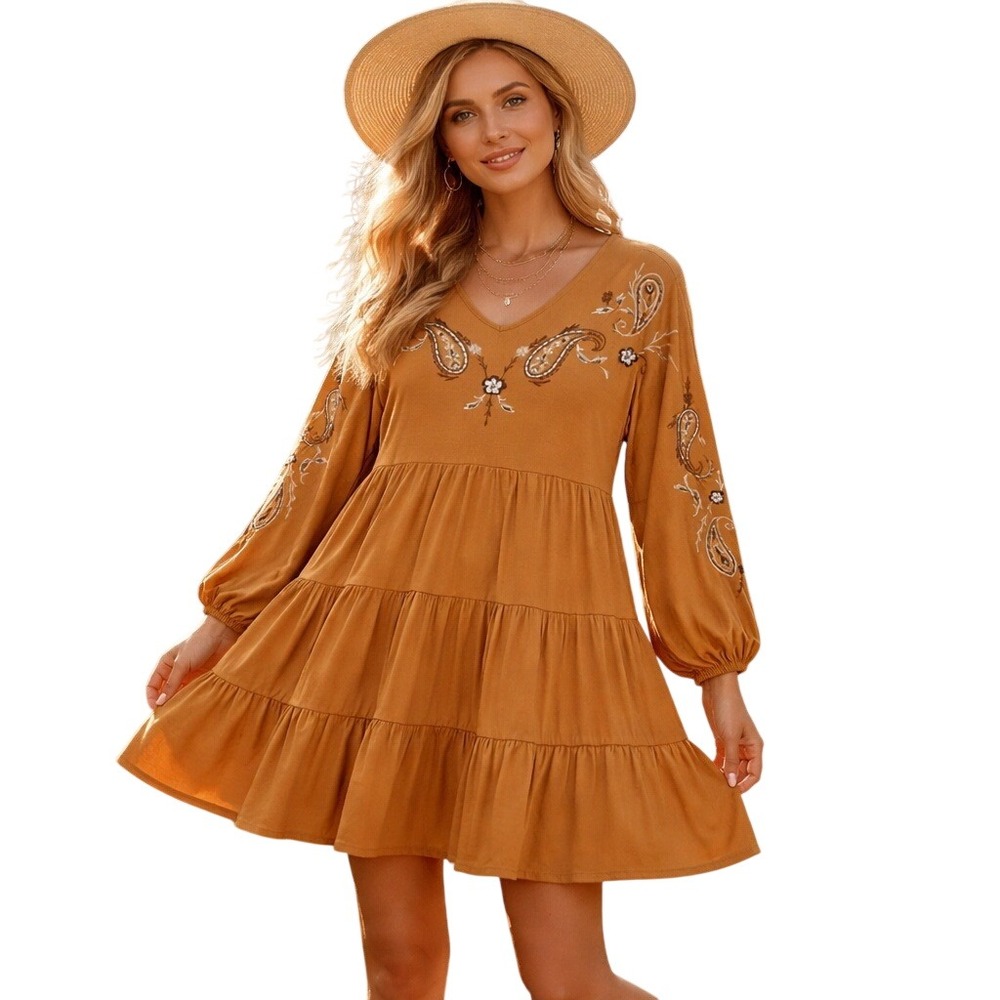 Cupio Embroidered Babydoll Tiered Dress Womens S Mustard Yellow‎ Floral Paisley